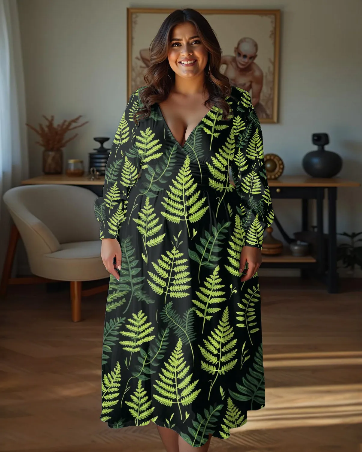Plus Size Women Casual Elegant Green Forest Leaves Print Wrap Midi Dress sold by Biggmans