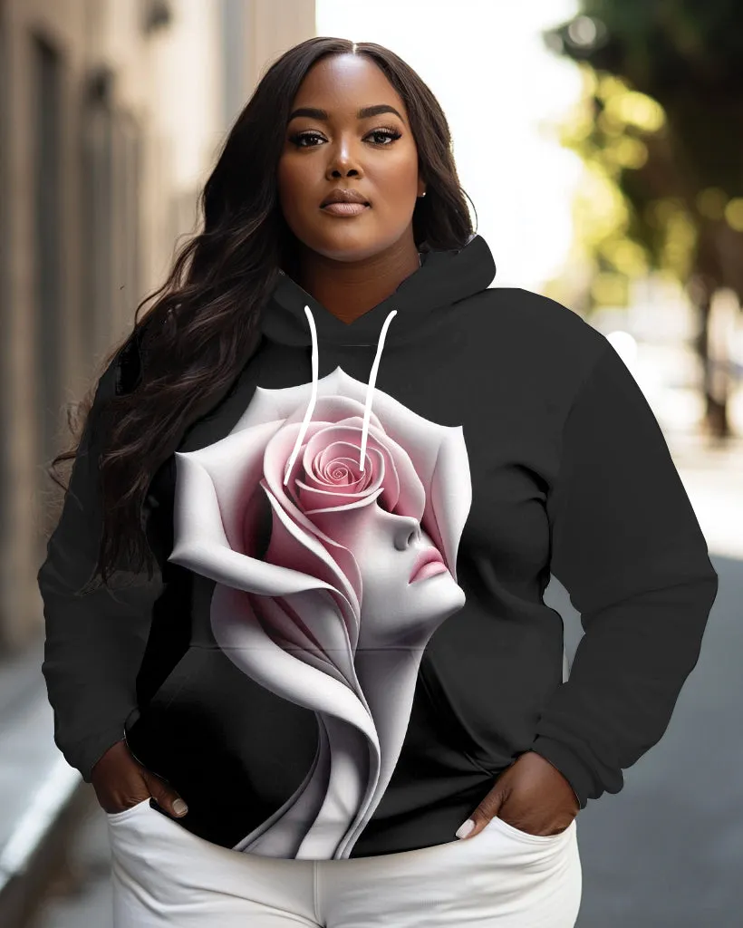 Women's Plus Simple Fashion Pink Rose Women Art Print Long-sleeved Hoodie sold by Biggmans