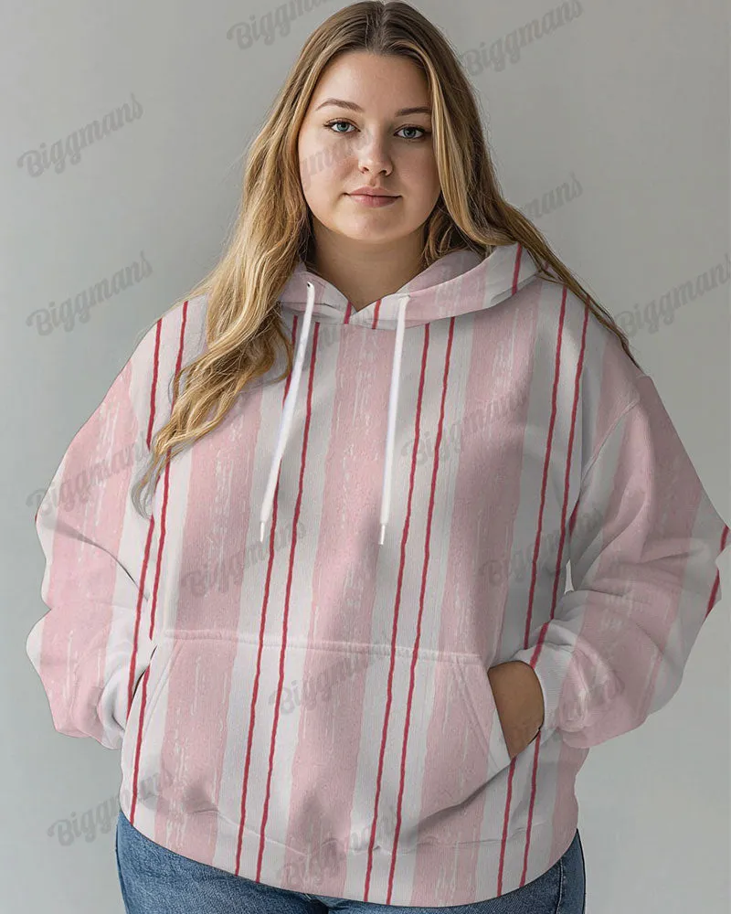 Women's Plus Casual Colorblock Pink Striped Print Long-sleeved Hoodie sold by Biggmans