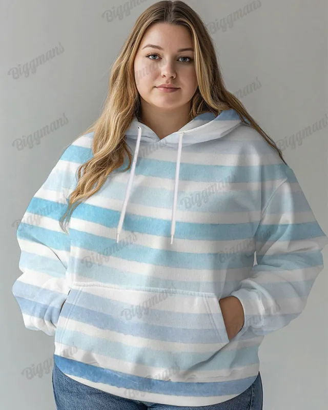 Women's Plus Casual Blue Striped Print Long-sleeved Hoodie sold by Biggmans