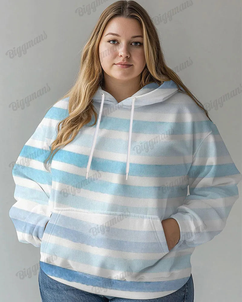 Women's Plus Casual Blue Striped Print Long-sleeved Hoodie sold by Biggmans