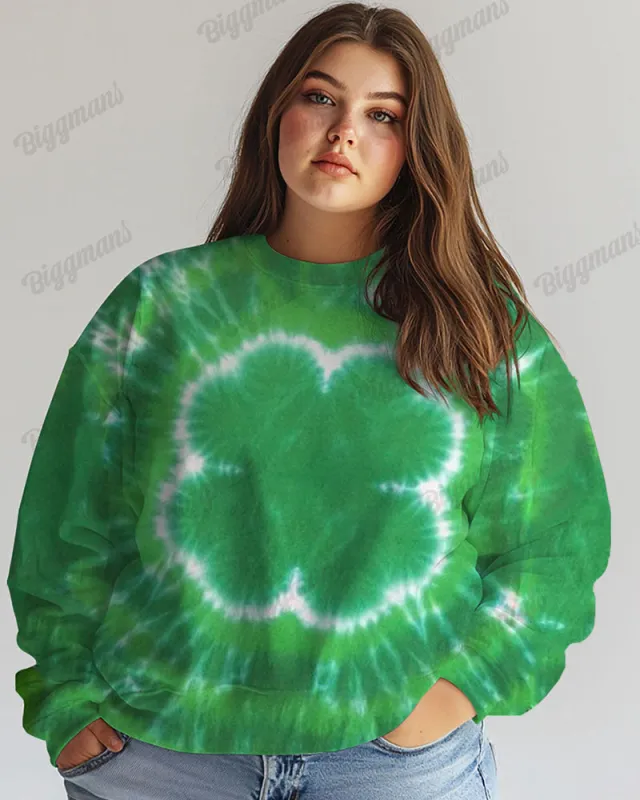 Plus Size Four Leaf Clover Pattern Tie Dye Print Casual Long Sleeve Sweatshirt sold by Biggmans