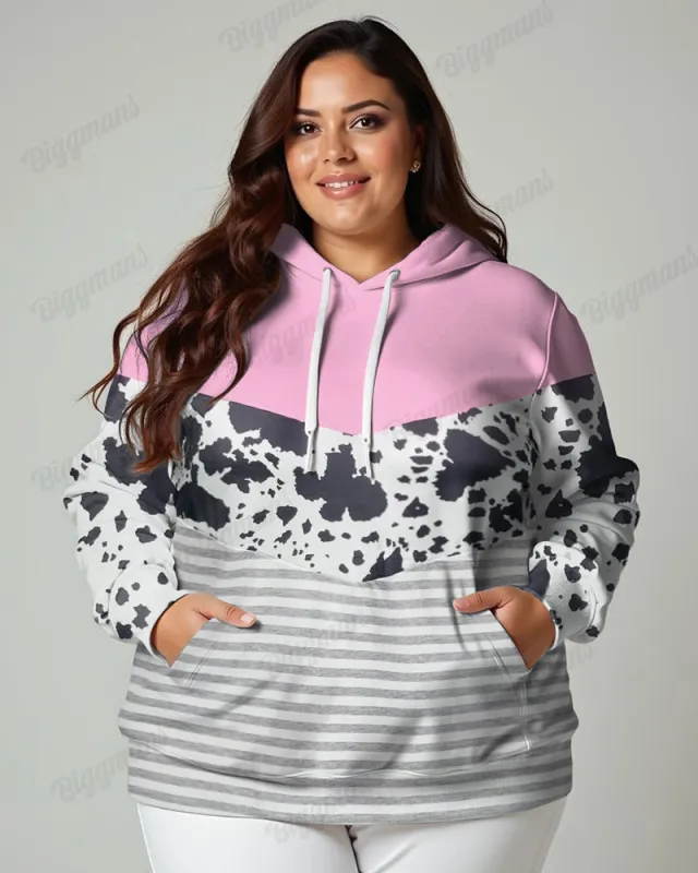 Cow Spot Stripe Patchwork Print Hoodie Women's Plus Size sold by Biggmans