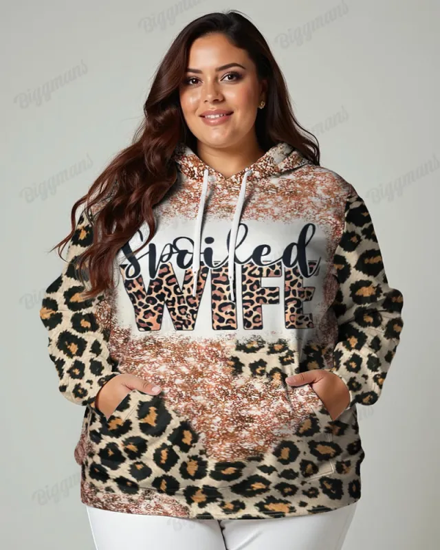 Leopard Print Letter-Print Hoodie Women's Plus Size sold by Biggmans