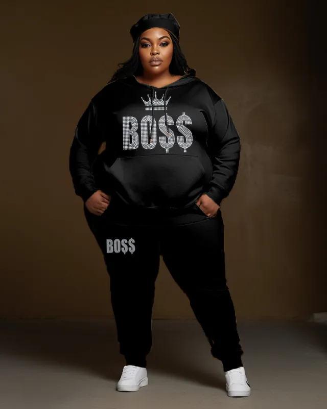 Women's Plus Size 2 Piece Outfits Crown Boss Hoodie and Sweatpants Set sold by Biggmans