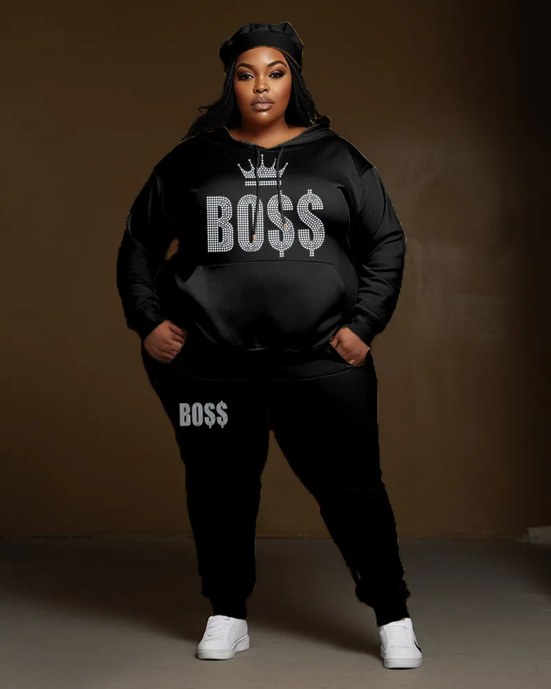 Women's Plus Size 2 Piece Outfits Crown Boss Hoodie and Sweatpants Set sold by Biggmans