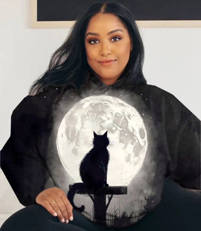 Women's Plus Size Cat Looking At The Moon Hoodie sold by Biggmans