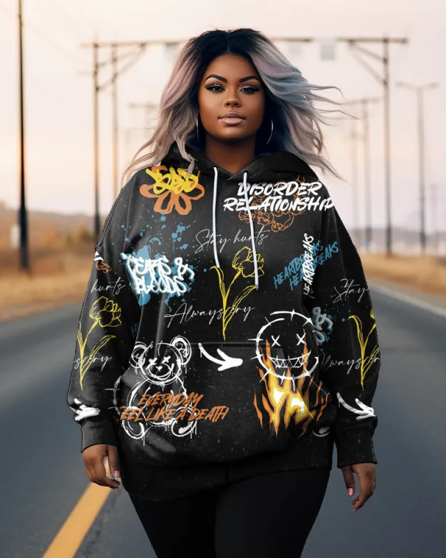 Women's Plus Size Cartoon Graffiti Graphic Long Sleeve Hoodie sold by Biggmans