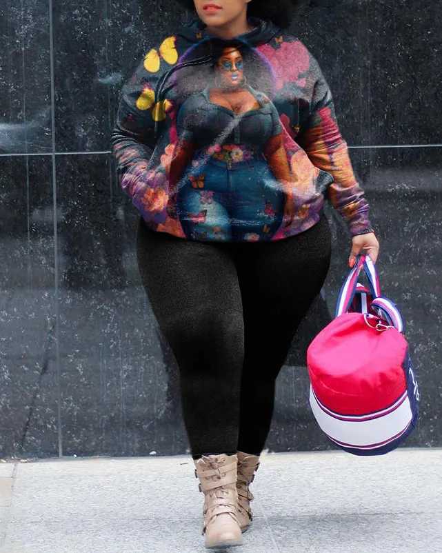 Women's Plus Size Butterfly Curly Women Hoodie Set sold by Biggmans