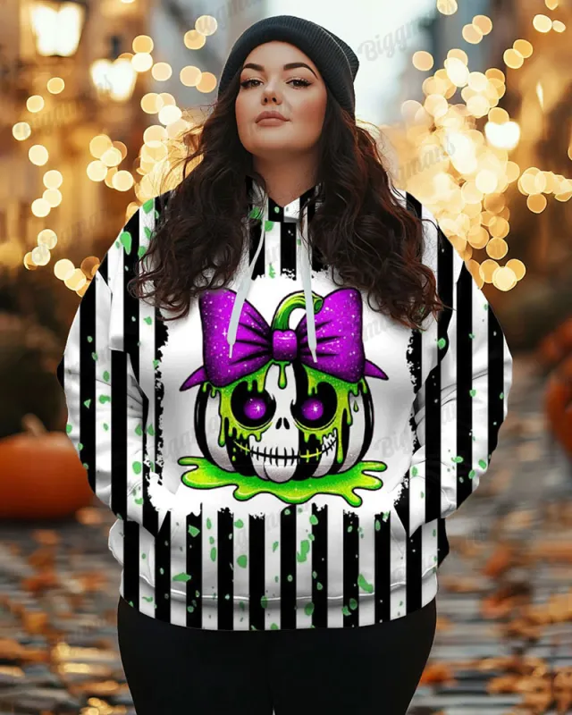 Women's Plus Halloween Colorblock Striped Pumpkin Print Long Sleeve Hoodie sold by Biggmans