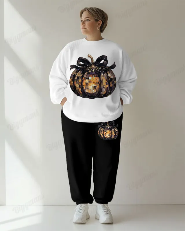 Women's Casual Daily Shiny Mosaic Pumpkin Print Plus Size Hoodie Suit sold by Biggmans
