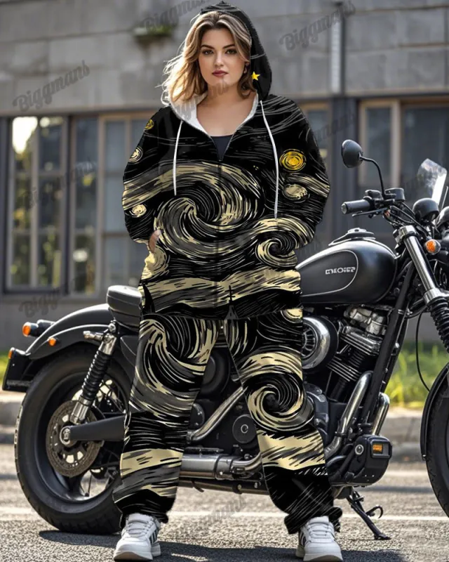 Contrasting Van Gogh Print Plus Size Long-sleeved Zipper Hoodie Set sold by Biggmans
