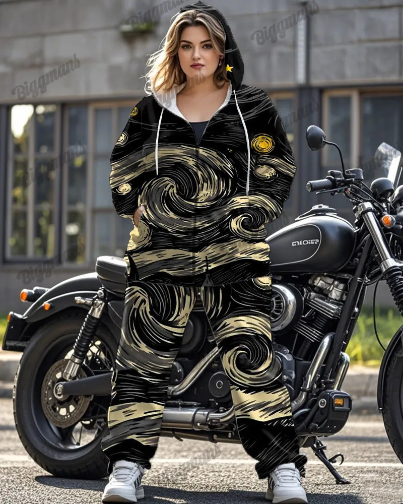 Contrasting Van Gogh Print Plus Size Long-sleeved Zipper Hoodie Set sold by Biggmans