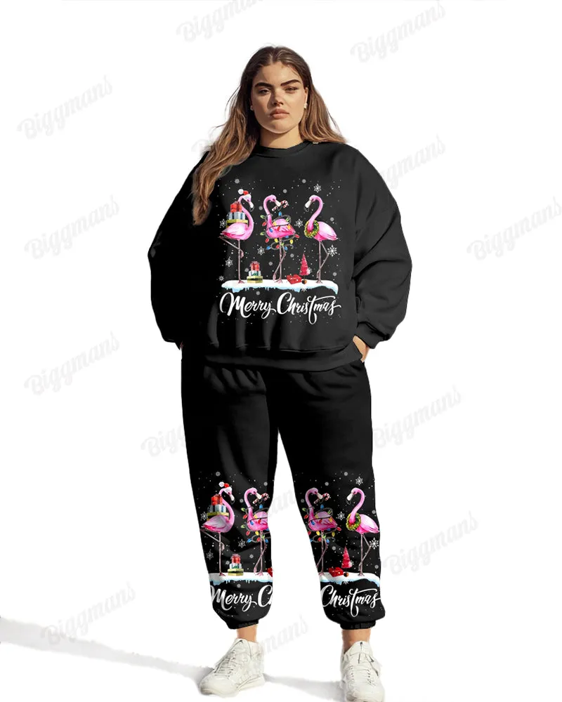 Christmas Flamingo Print Women Plus Size Hoodie Suit sold by Biggmans