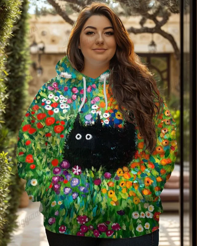Women's Plus Fashion Colorful Flowers Black Cat Print Long-sleeved Hoodie sold by Biggmans