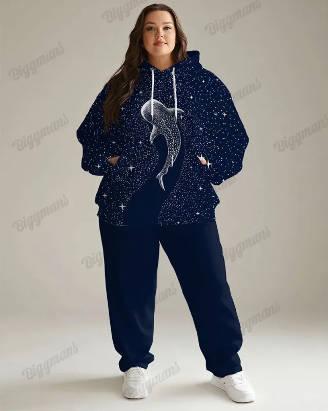 Women's Casual Daily Starry Whale Print Plus Size Hoodie Suit made by Biggmans