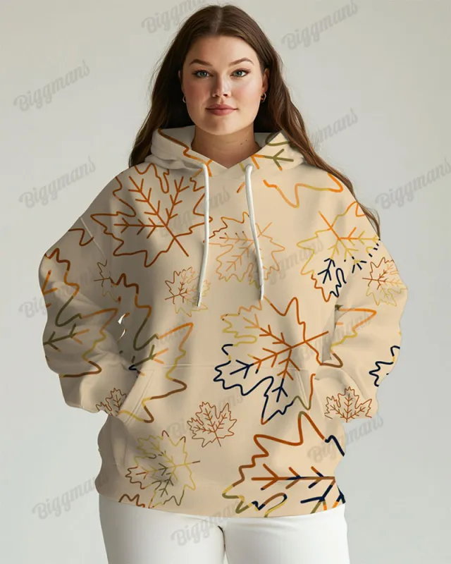 Women's Plus Autumn Maple Leaves Print Long-sleeved Hoodie sold by Biggmans