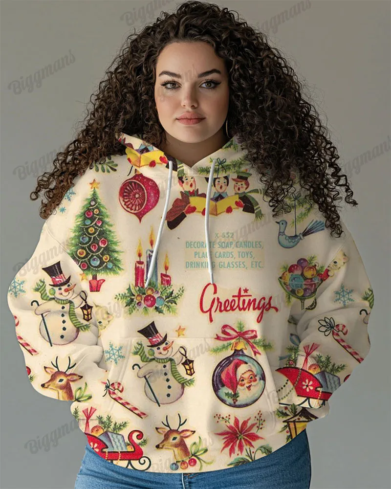 Women's Plus Retro Christmas Pattern Print Long-sleeved Hoodie sold by Biggmans