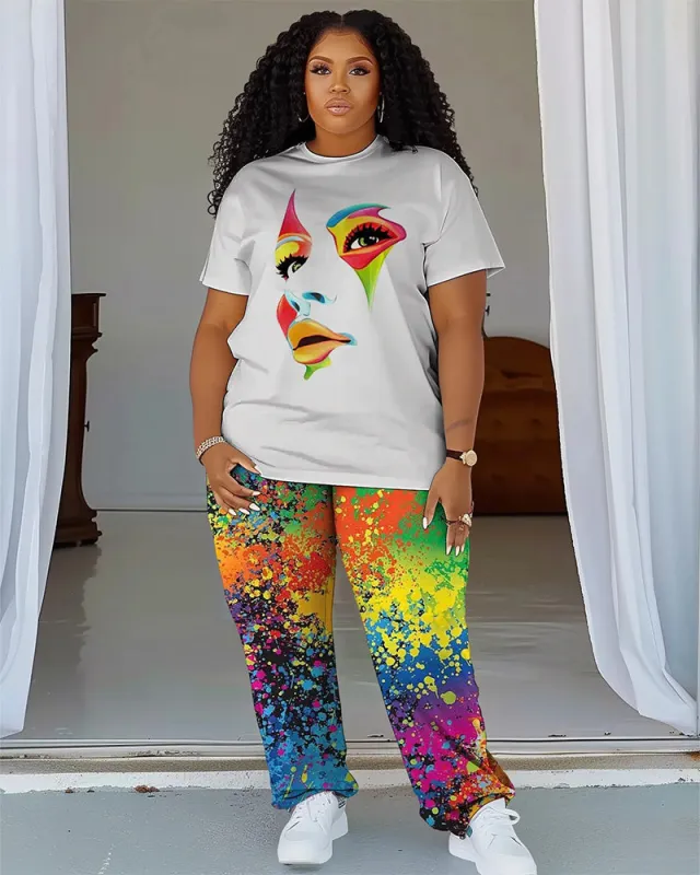 Women's Plus Size Color Printing T-Shirt and Trousers Suit sold by Biggmans