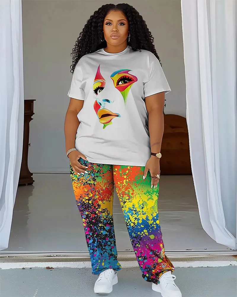 Women's Plus Size Color Printing T-Shirt and Trousers Suit sold by Biggmans