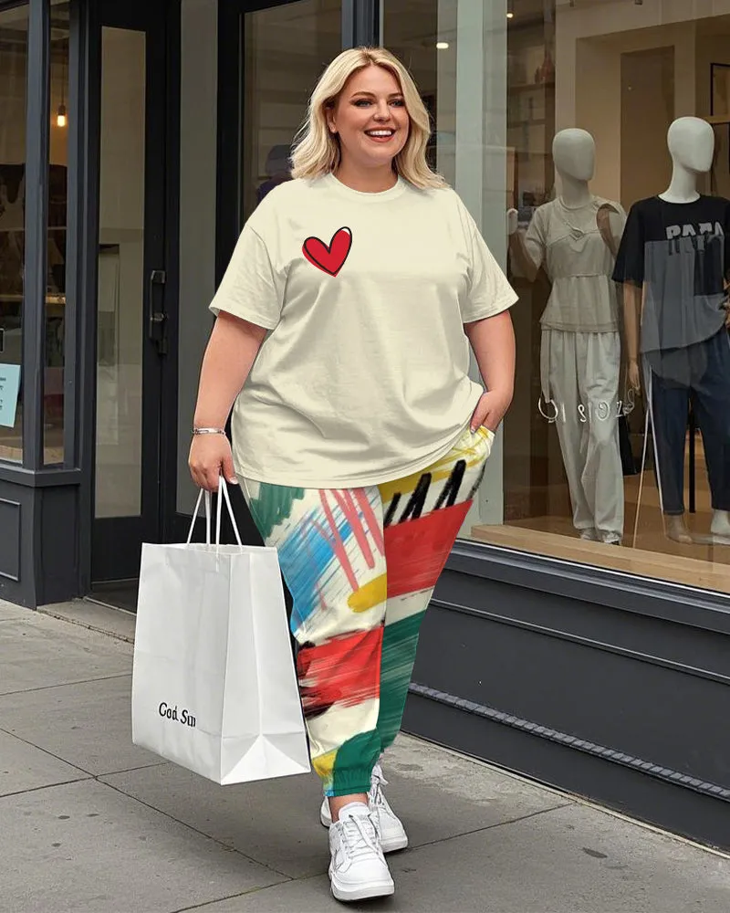 Women's Plus Size Love Print T-Shirt and Graffiti Trousers Suit sold by Biggmans