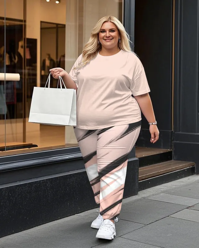 Women's Plus Size Solid Color T-Shirt and Printing Stripes Trousers Suit sold by Biggmans