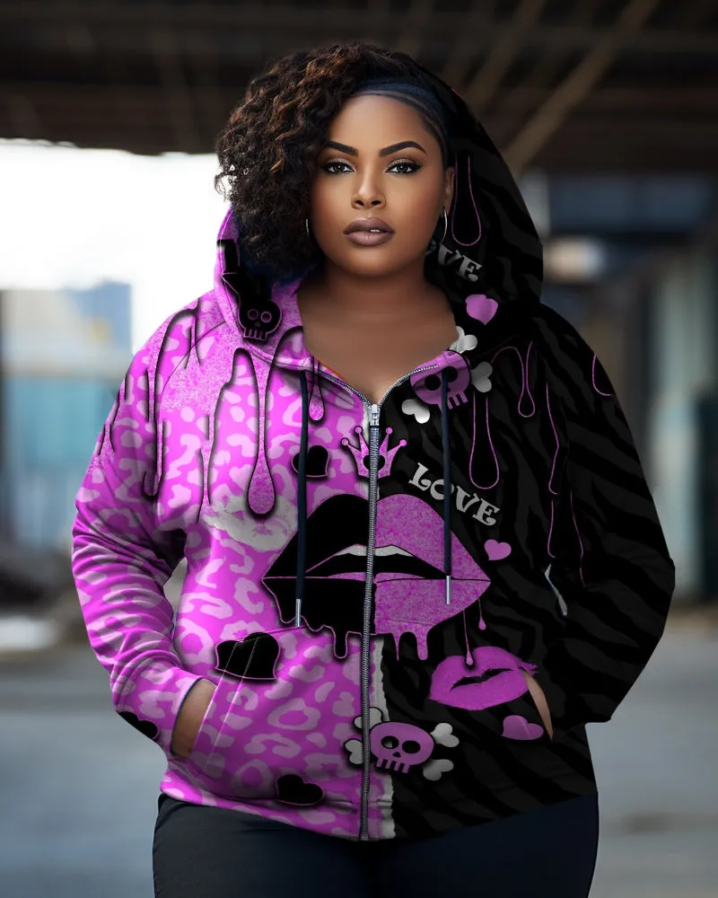 Women's Plus Size Color Block Lips Crown Graffiti Long Sleeve Zip Hoodie sold by Biggmans