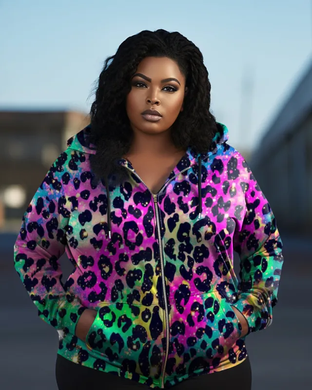 Women's Plus Size Graffiti Colorful Leopard Print Long Sleeve Zip Hoodie sold by Biggmans