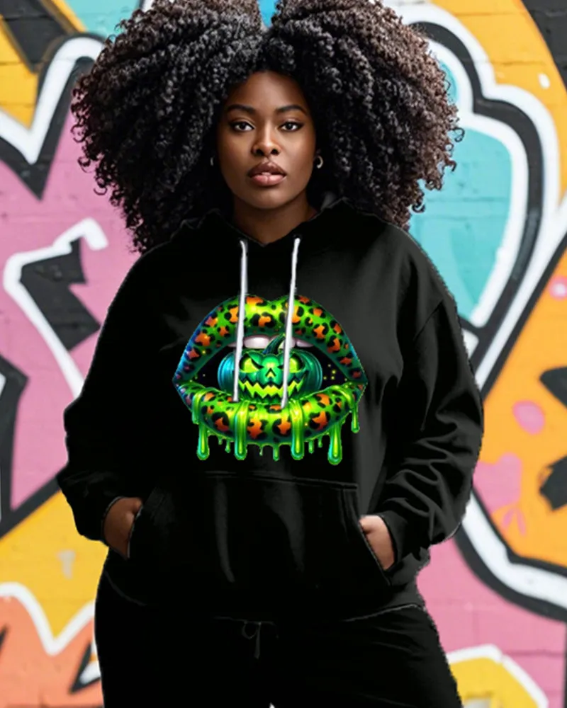Halloween Personality Lip Print Hoodie Ladies Plus-size Two-piece Set sold by Biggmans product image thumbnail 2