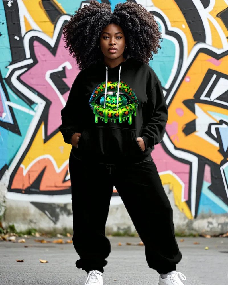 Halloween Personality Lip Print Hoodie Ladies Plus-size Two-piece Set sold by Biggmans