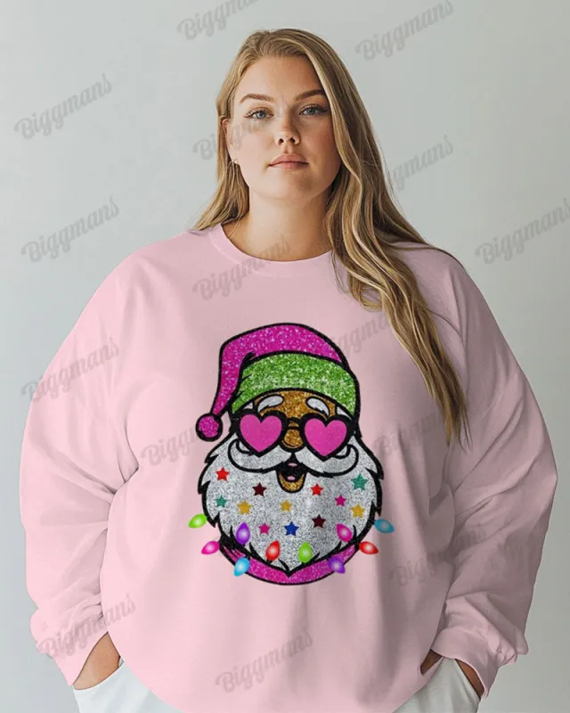 Women's Plus Colorful Shiny Santa Claus Print Long Sleeve T-shirt sold by Biggmans