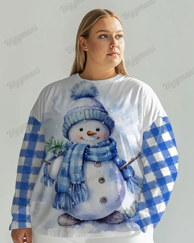 Women's Plus Cute Snowman Painting Plaid Print Long Sleeve T-shirt sold by Biggmans