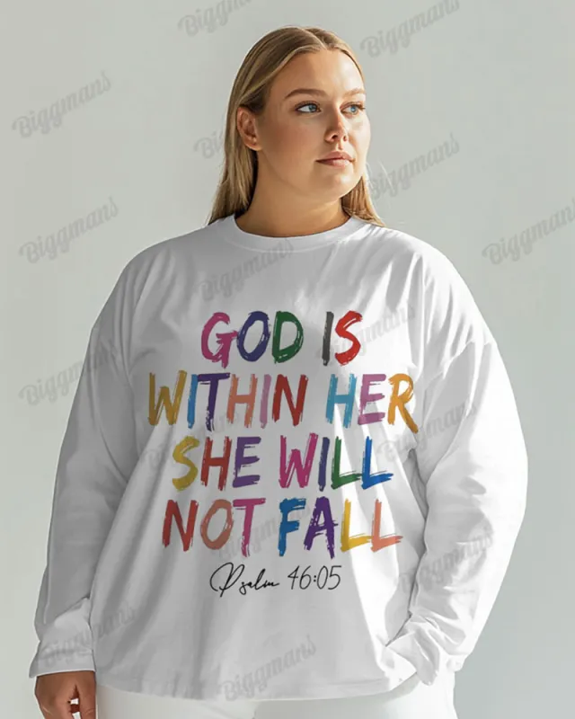 Women's Plus GOD IS WITHIN HER SHE WILL NOT FALL Print Long Sleeve T-shirt sold by Biggmans