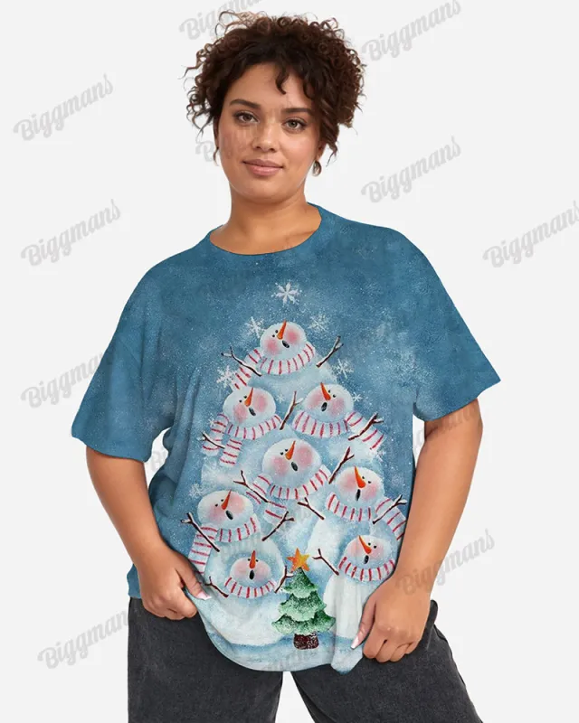Plus Size Women's Snowman Christmas Tree Print Loose Short Sleeve T-shirt sold by Biggmans