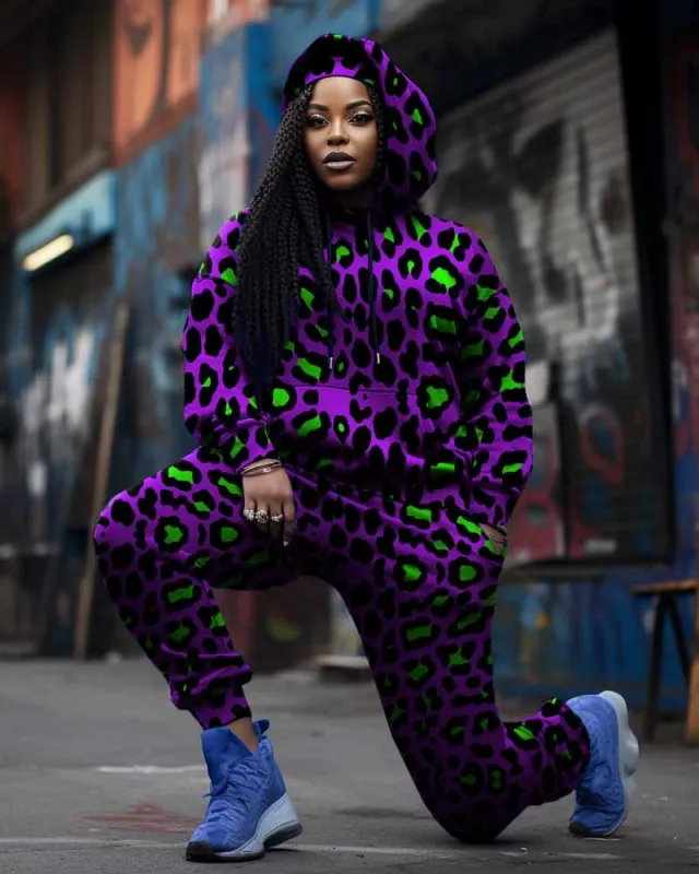 Women's Plus Size Purple Color Block Leopard Print Hoodie Set sold by Biggmans