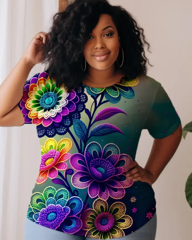Colorful Floral Print Casual Oversized Women's Short Sleeved T-shirt sold by Biggmans