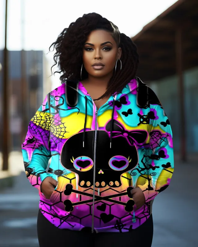Women's Plus Size Graffiti Skull Love Bow Long Sleeve Zipper Hoodie sold by Biggmans