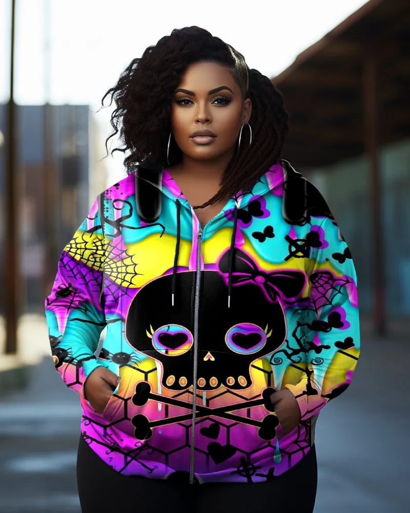 Women's Plus Size Graffiti Skull Love Bow Long Sleeve Zipper Hoodie sold by Biggmans