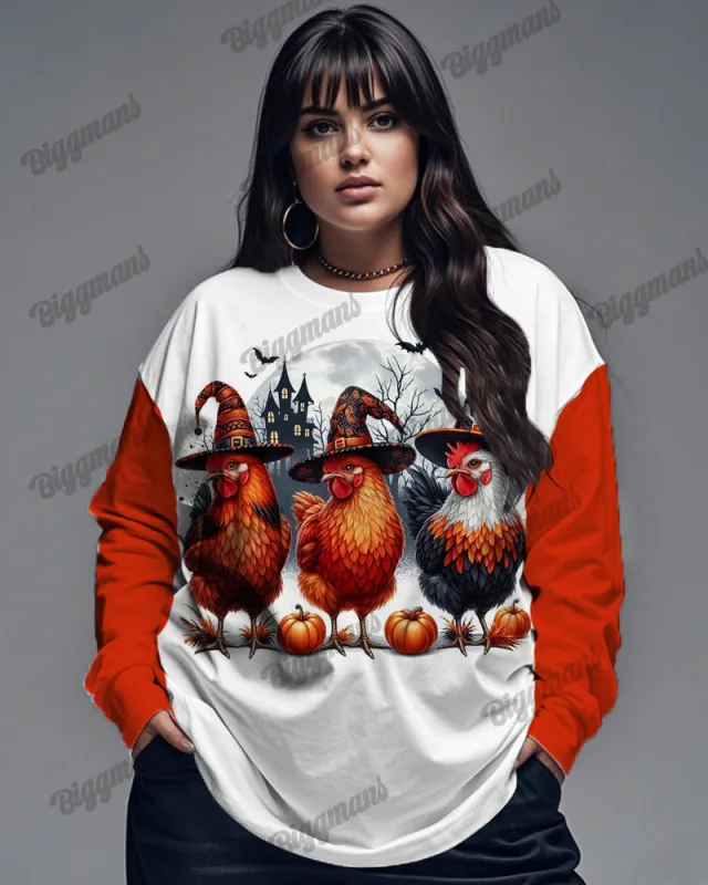 Cute Rooster Pumpkin Print Big & Tall Long Sleeve T-shirts sold by Biggmans