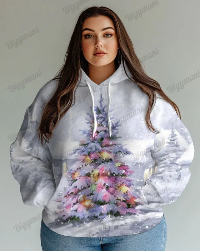 Women's Big & Tall Fashion Colorful Christmas Tree Print Long Sleeve Hoodie sold by Biggmans