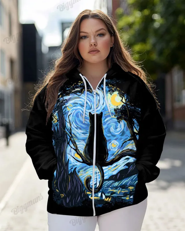 Women's Plus Fashion Starry Sky Black Cat Print Long-sleeved Zipper Hoodie sold by Biggmans