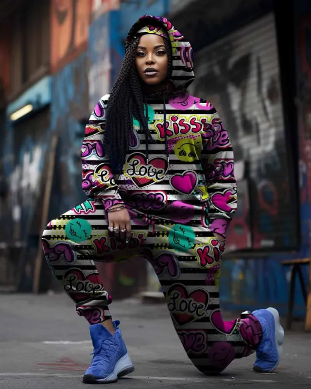 Women's Big & Tall 2 Piece Sweatsuit Kiss Love Stripe Hoodie Pants Set sold by Biggmans