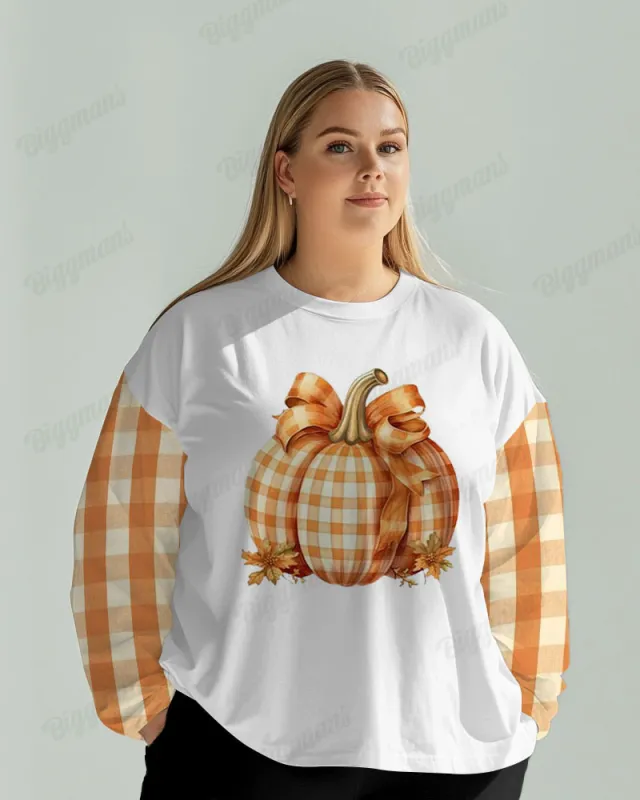 Women's Big and Tall Patchwork Plaid Pumpkin Print Long Sleeve T-shirt sold by Biggmans