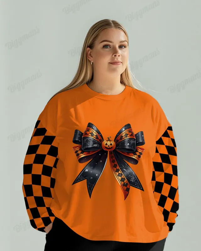 Women’s Patchwork Halloween Bowknot Print Long Sleeve T-shirt sold by Biggmans