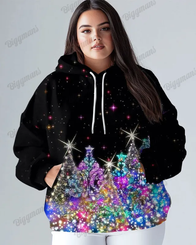 Women's Big & Tall Shiny Christmas Tree Print Long-sleeved Hoodie sold by Biggmans