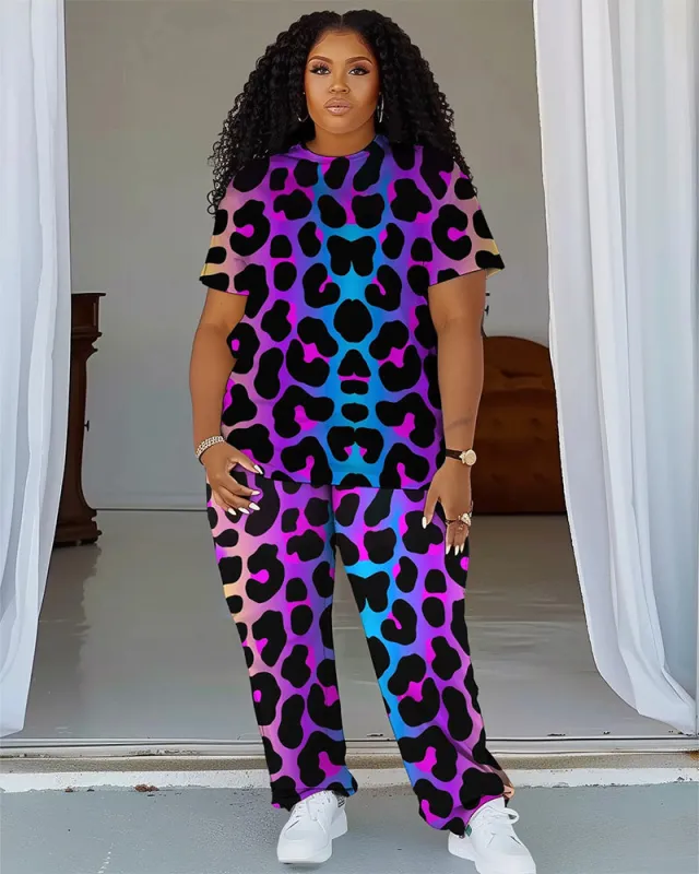 Women's Plus Size Gradient Leopard Print T-Shirt and Trousers Suit sold by Biggmans