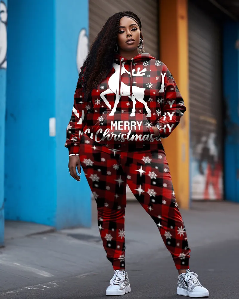 Women's Big & Tall Merry Christmas Elk Plaid Hoodie Sweatpants Set sold by Biggmans