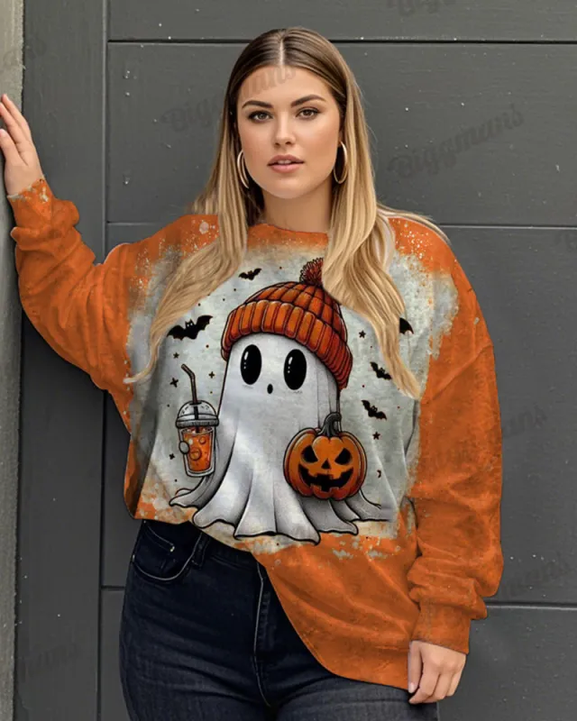 Personalized Pumpkin Ghost Print Women's Big and Tall Round Neck Long Sleeve Sweatshirt sold by Biggmans