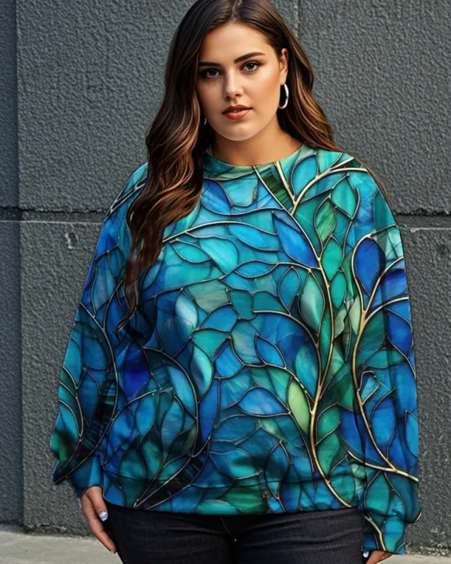 Colorful Leaf Print Big & Tall Round Neck Long Sleeve Sweatshirt sold by Biggmans
