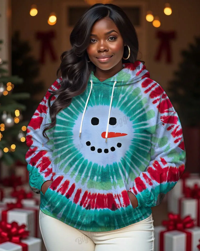 Women's Big & Tall Funny Christmas Tie Dye Snowman Long-sleeved Hoodie sold by Biggmans